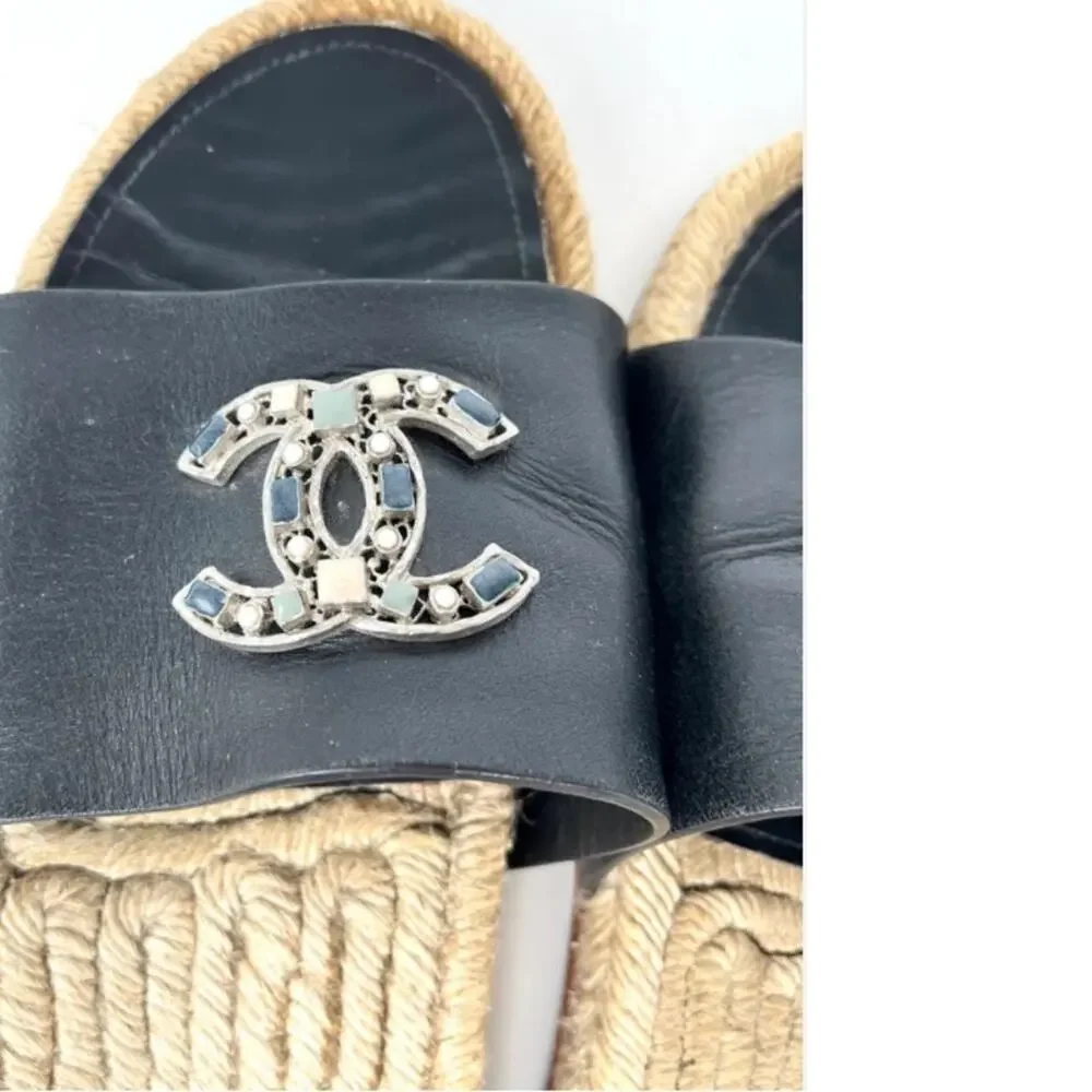 CHANEL 2017 Espadrille Black CC Logo Leather Slip on Slides Sandals 41 11 10.5 - Picture 2 of 9
